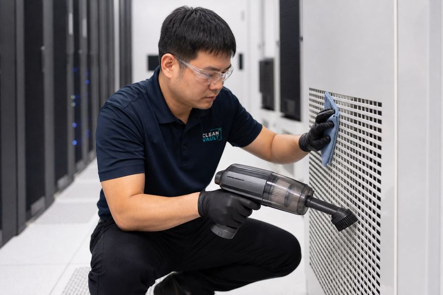Clean Vault technician in gloves and safety glasses cleaning a perforated panel with a HEPA hand vacuum and microfiber cloth