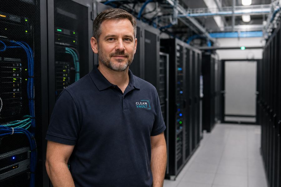Clean Vault technician standing in a data centre aisle