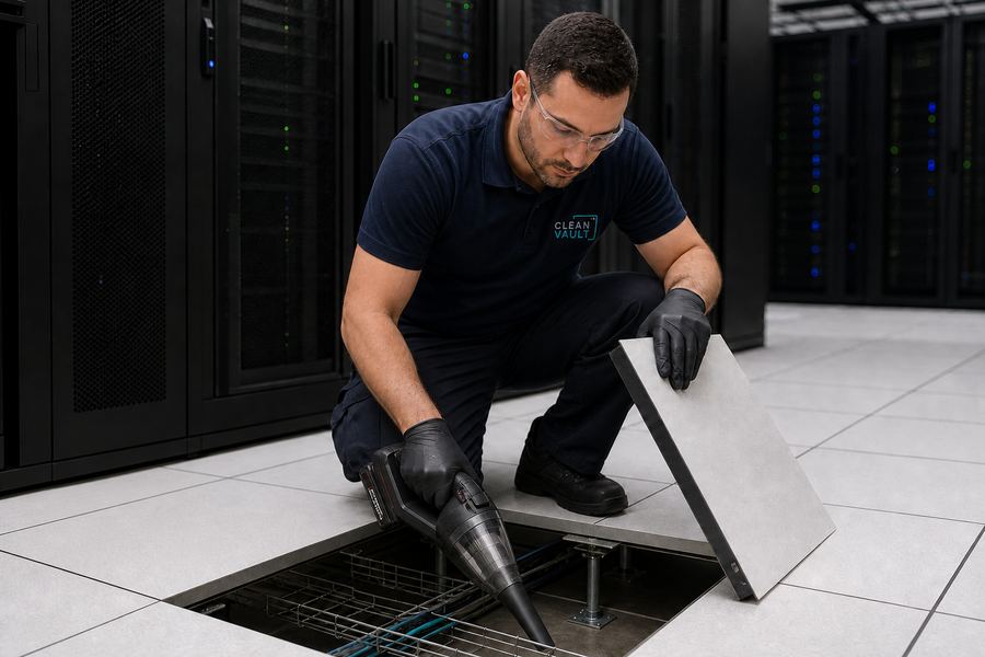 Clean Vault technician lifting a raised floor tile and HEPA-vacuuming the subfloor plenum above a cable tray