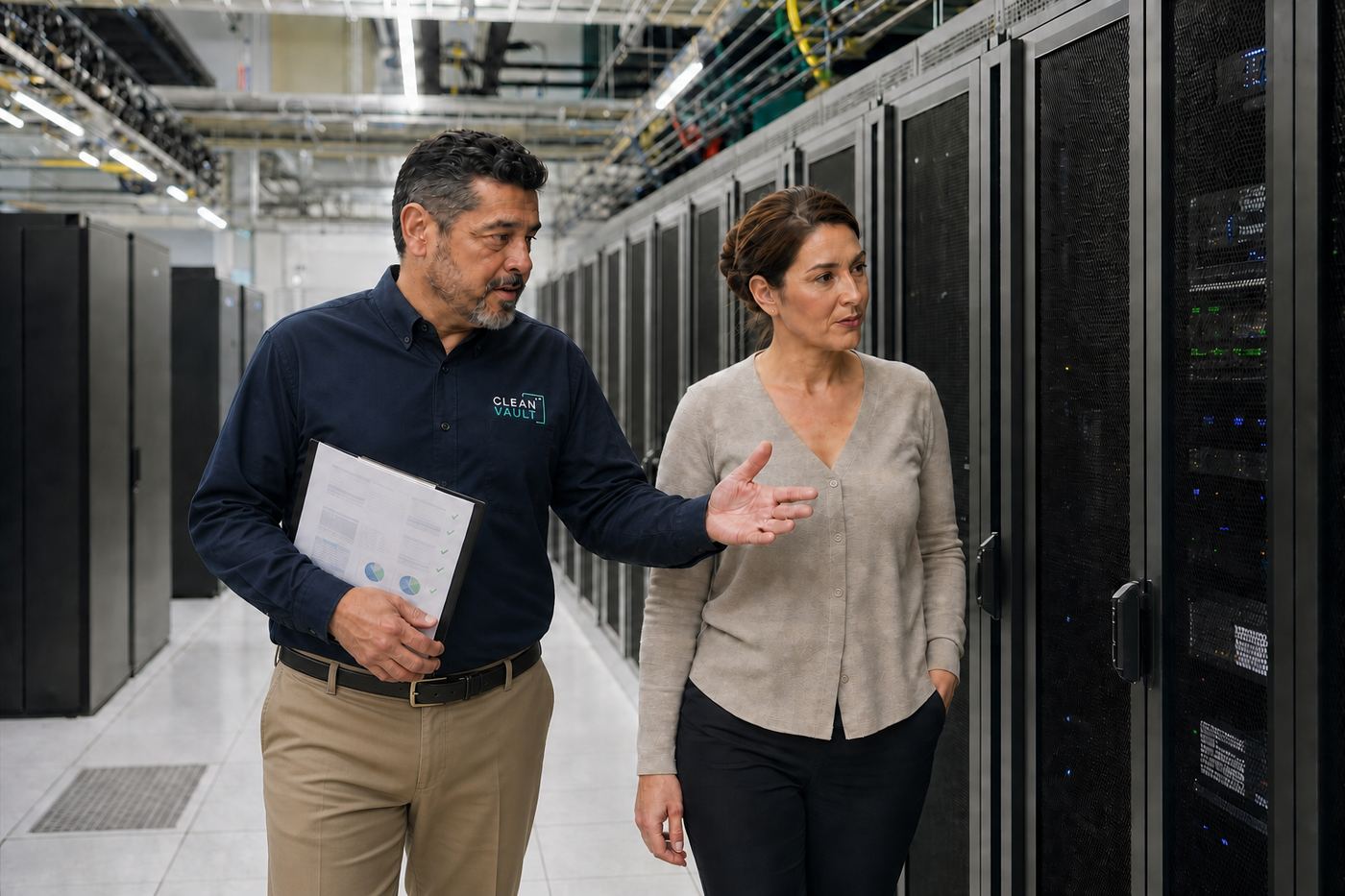 Clean Vault technician walking a facility manager through assessment findings on a documented report in a data hall